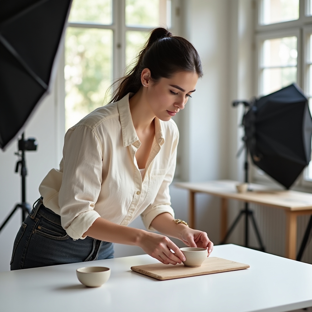 Fotograf przy pracy w studiu fotograficznym podczas sesji produktowej